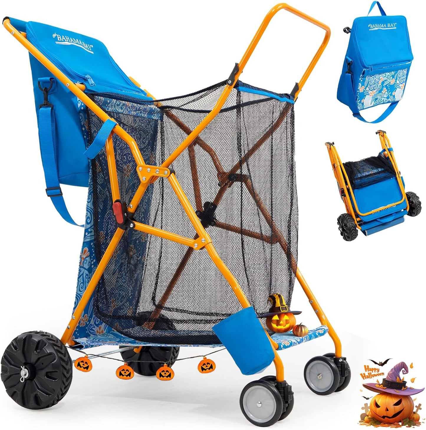 Old Bahama Bay Beach Cart with Large Wheels for Sand, Wide Wheelbase Beach Wagon with Insulated Cooler Bag, Body Board and Umbrella Holder | 100lb Capacity