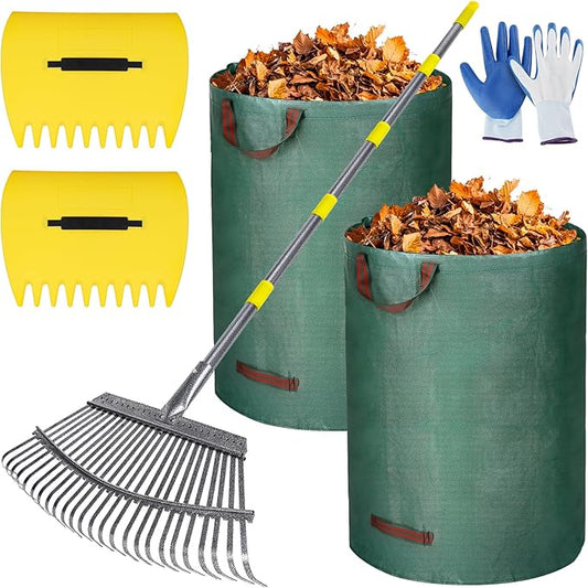 Garden Rake for Leaves, 37"-73" Adjustable Handle Rake Set with Leaf Grabbers, Work Gloves and 2 Leaf Bags, 18" Wide Head with 25 Metal Tines for Yard Picking Leaves, Shrub Grass Bush Lawn Cleanup