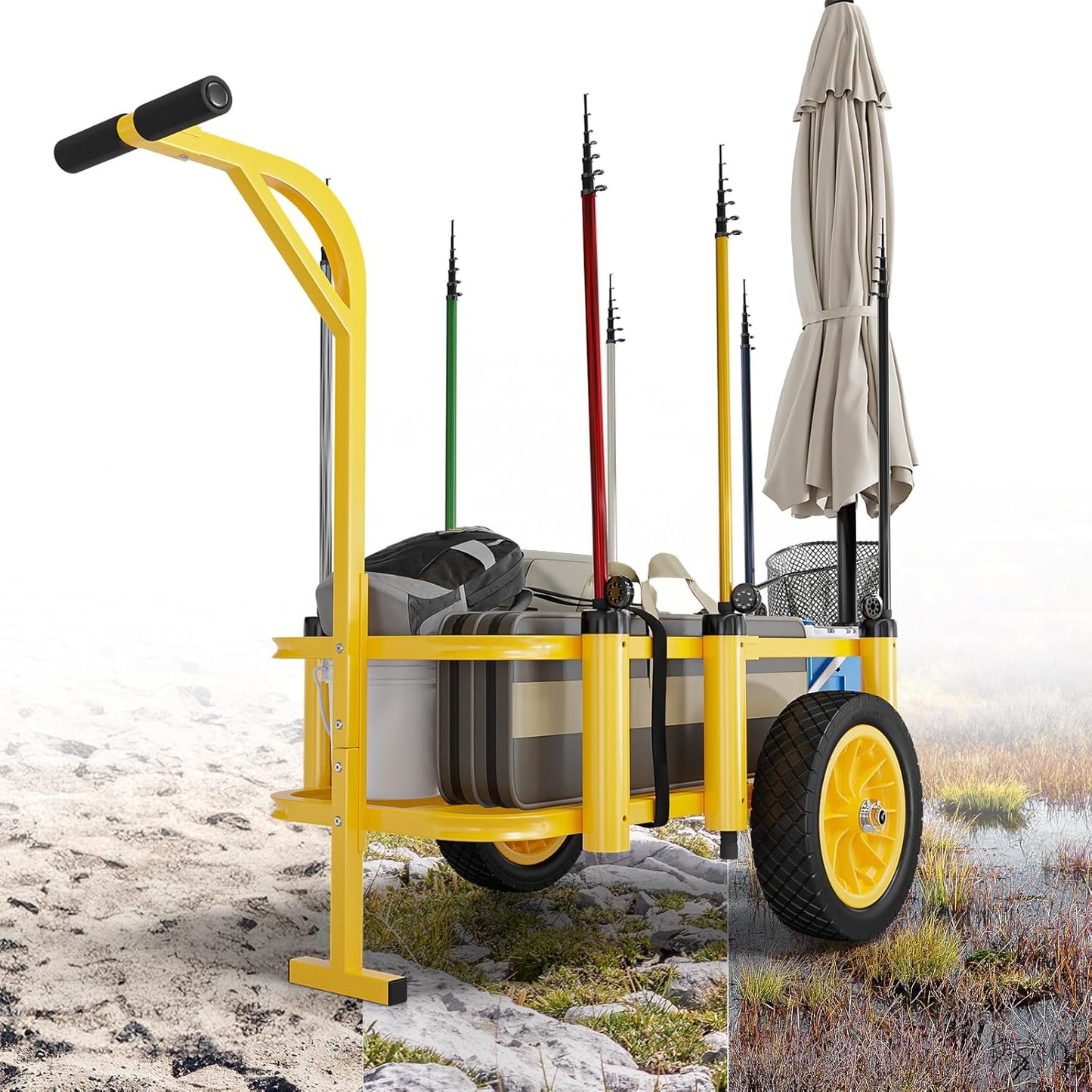 Bonnlo Beach Fishing Cart, Beach Wagon Trolley with 12" Big No-Flat Airless Tires, Foldable Beach Trailer with Large 36" x 16" Cargo Basket, 250 lbs Load Capacity, 7 Fishing Rods Holder