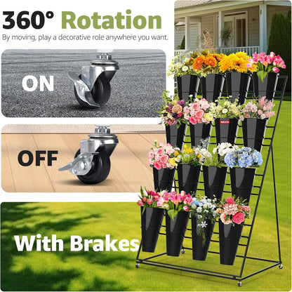 Flower Display Stand 4 Layers with 16 PCS Round Buckets, Plant Stand with Wheels, Movable Metal Plant Stand for Terrace Garden, Florist Shop
