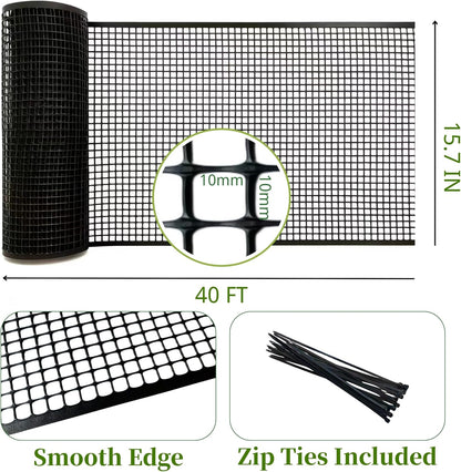 PotatoLife Plastic Wire Mesh Fence, Balcony Fence for Baby and Pets, Safety Fence, Stair Protector, Poultry, Garden, Tree Support, Durable Material, Free Zip Ties (Black, 15.7'' x 40')