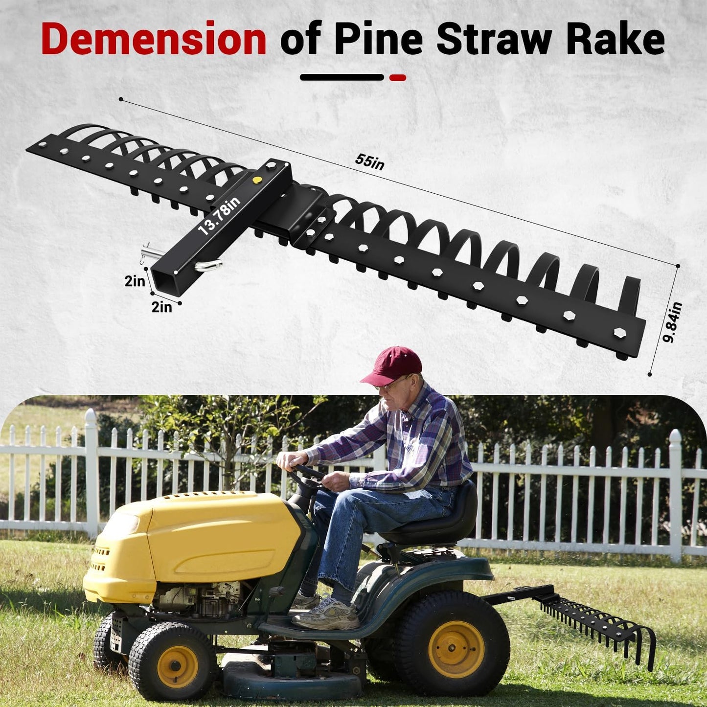 55" Durable Tow Behind Landscape Rake Tractors Rake Fits 2" Receiver for Lawn Tractors or ATV/UTV，Black