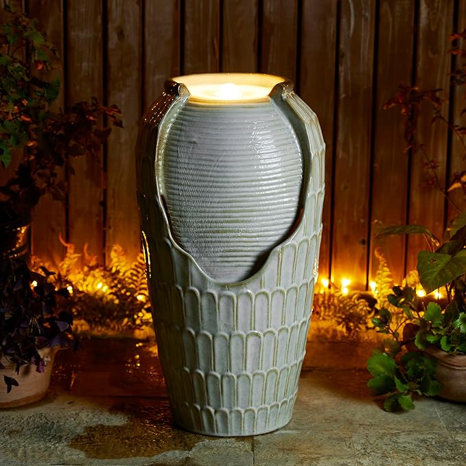 Glitzhome 28.25" H Oversized Ceramic Petals Textured Jar Outdoor Water Fountain, Vintage Sand Beige Glaze Vase Patio Garden Waterfall Fountain with LED Light and Submersible Pump