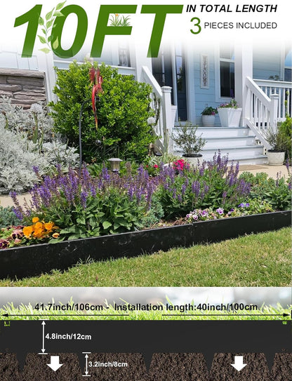 Landscape Edging Border, 40" L x 8" H 3Pack 10FT Total Black Galvanized Steel Garden Edging,Easy Installation,Sturdy Elegant Metal Lawn Broder for Flower Beds, Pathways, Paver Edges and Yard