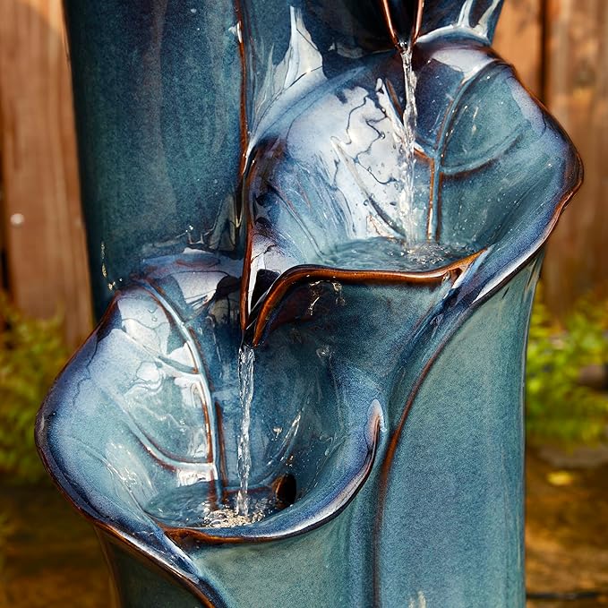 Glitzhome 31.25" H Outdoor Water Fountain with LED Lights and Pump, 4 Tier Turquoise Lotus Leaf Textured Ceramic Floor Standing Fountain, Vase Waterfall Fountains for Porch Deck Garden Patio Backyard