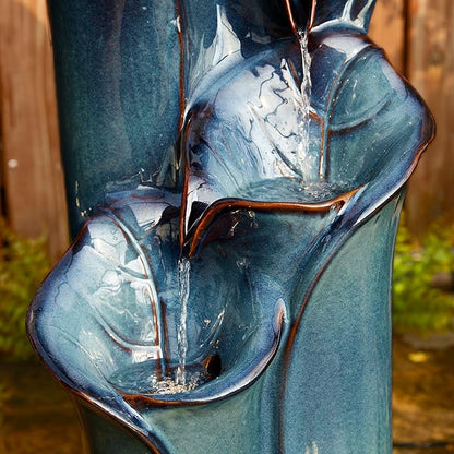 Glitzhome 31.25" H Outdoor Water Fountain with LED Lights and Pump, 4 Tier Turquoise Lotus Leaf Textured Ceramic Floor Standing Fountain, Vase Waterfall Fountains for Porch Deck Garden Patio Backyard