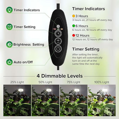 Grow Light for Indoor Plants, Full Spectrum Clip Plant Grow Lights, 7W LED Plant Growing Lamps with Auto On/Off Timer 4/8/12H, 4 Level Dimmable Brightness for Small Plant Light,3 Pack