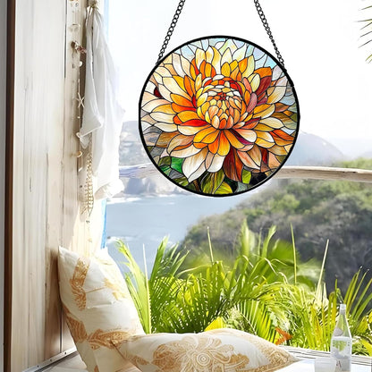 Stained Glass Window Hanging - Chrysanthemum Suncatcher for Doors Garden Patio Birth Flowers Sun Catchers Decor Christmas Mother's Day Birthday Gifts for Women Men Mom Nana Friend 11.8 in