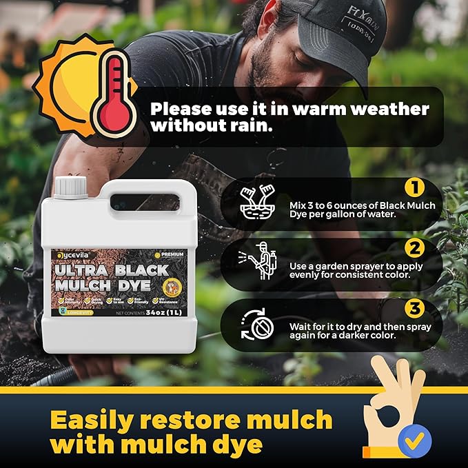 32oz Concentrated Ultra Black Mulch Dye with Gloves, Liquid Rubber Dye Spray Covers up to 3,600 Sq. Ft, Long-Lasting Finish Black Bark Paint for Mulch Restoration and Enhancement Landscaping