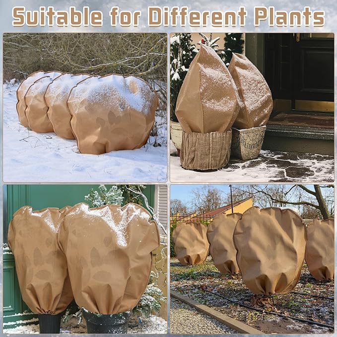 12 Pcs Winter Plant Covers Freeze Protection Reusable Plant Protector Bag with Drawstring Warm Shrubs Cover Frost Protection Planting Jacket Bags for Outdoor Garden, Brown (39.4 x 39.4 Inch)