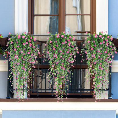 Artificial Hanging Flowers, 3 Pcs Fake Hanging Plants Artificial Vines for Outdoors, Fake Ivy Vine UV Resistant No Fade Faux Plants for Indoor Outside Garden Patio Yard Greenery Decoration (Pink)