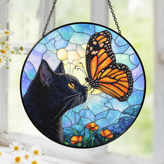 Black Cat Gifts, Cat Memorial Suncatcher Gift for Loss of Cats, Butterfly Stained Glass Suncatcher
