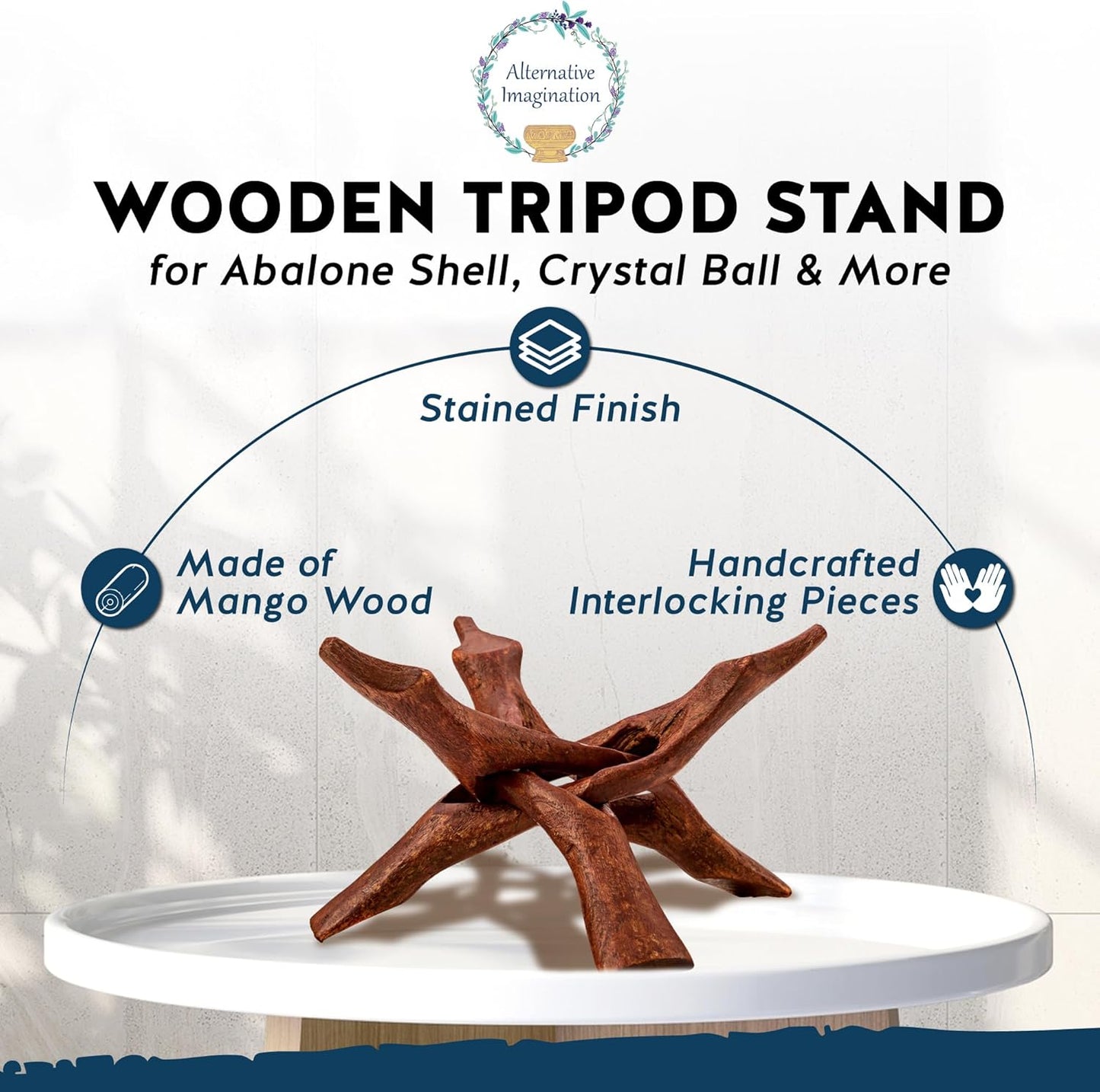 Alternative Imagination Wooden Tripod Display Stand – 6-Inch Hand Carved Holder Made from Sustainable Mango Wood – Folding Reddish-Brown Stand for Abalone Shell, Crystal Ball, Key Bowl, Trinket Dish, Incense, Decor and More