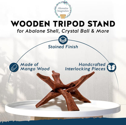Alternative Imagination Wooden Tripod Display Stand – 6-Inch Hand Carved Holder Made from Sustainable Mango Wood – Folding Reddish-Brown Stand for Abalone Shell, Crystal Ball, Key Bowl, Trinket Dish, Incense, Decor and More