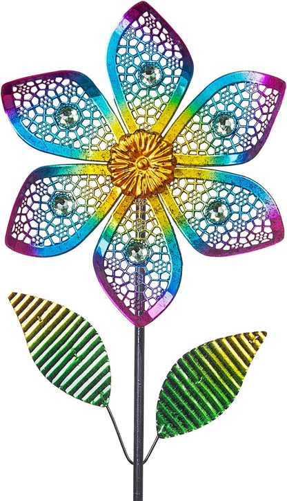 Wind Spinner with Metal Stake, Outdoor Garden Pinwheels Spinners Hollow-Out Flower Shape Design for Yard Lawn Patio Decor