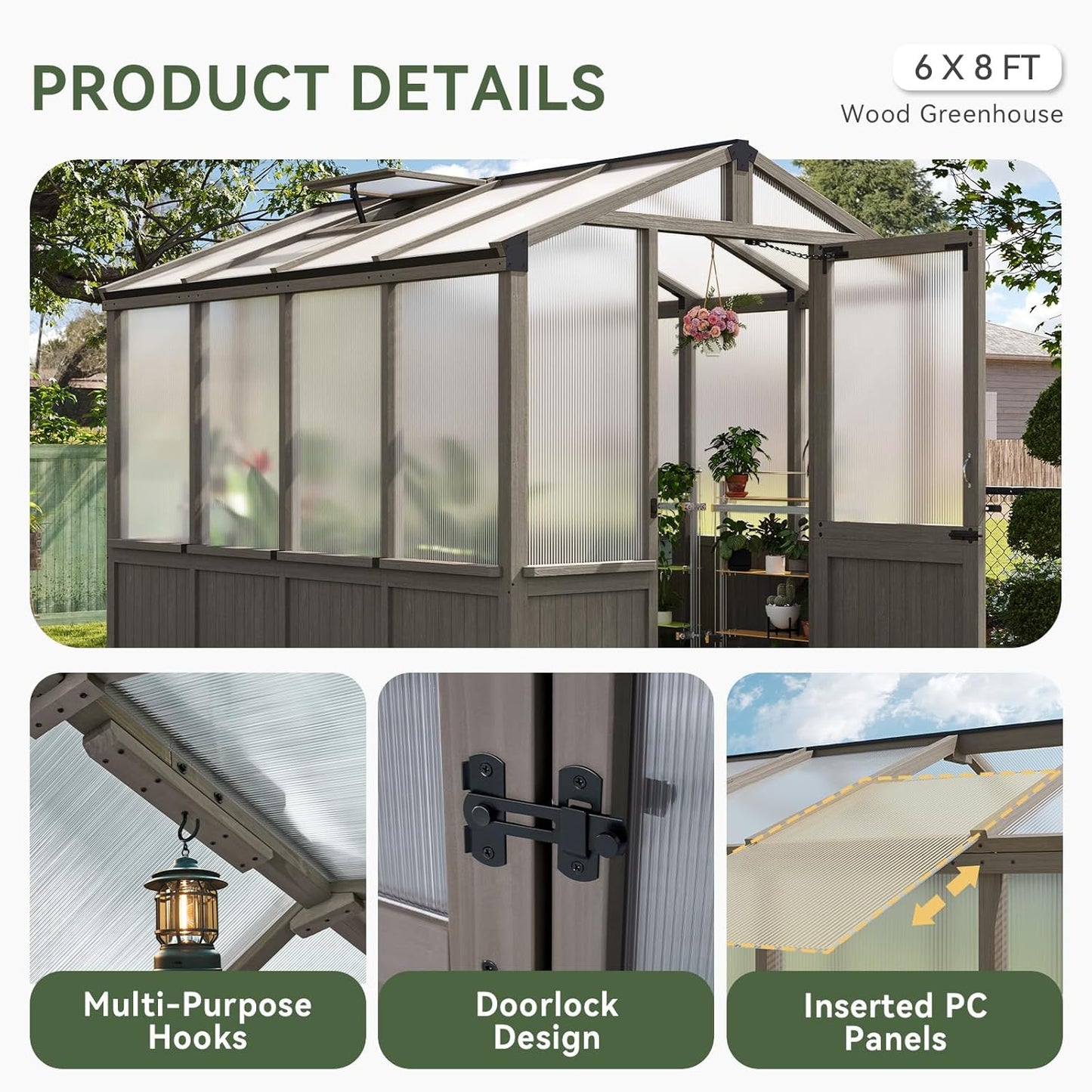 Aoxun 6x8 FT Wood Green House for Outdoors, Polycarbonate Panel Wooden Walk-in Greenhouse Kit with Automatic Temperature Control Roof Vent and Lockable Door, for Outside Backyard Garden, Gray