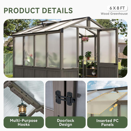 Aoxun 6x8 FT Wood Green House for Outdoors, Polycarbonate Panel Wooden Walk-in Greenhouse Kit with Automatic Temperature Control Roof Vent and Lockable Door, for Outside Backyard Garden, Gray