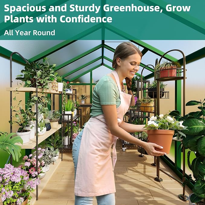 6x10 ft Greenhouse, Large Aluminum Greenhouses for Outdoors, Heavy Duty Polycarbonate Greenhouse with Roof Vent, Walk-in Green Houses for Winter Garden, Backyard, Patio, Lawn, Easy Assembly
