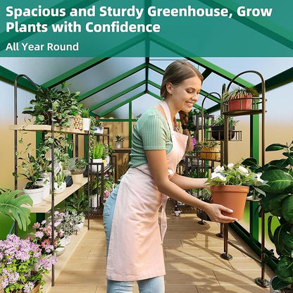 6x10 ft Greenhouse, Large Aluminum Greenhouses for Outdoors, Heavy Duty Polycarbonate Greenhouse with Roof Vent, Walk-in Green Houses for Winter Garden, Backyard, Patio, Lawn, Easy Assembly