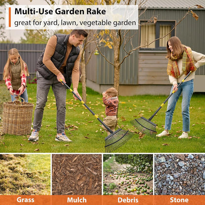 Rake, Gardening Rakes for Leaves Lawns Heavy Duty, 79 in Leaf Rake with 25 Clog-Free Tines, 18.5” Wide Large Head, Metal Garden Tools for Yard Quick Cleanup Garss, Debris, Detachable for Camping