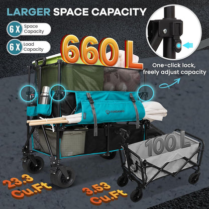 FUNDANGO Double Decker Wagon – 3 Layer 660L Extra High Extender Collapsible Wagons Carts Foldable Heavy Duty with Tailgate, Brakes & All-Terrain Big Wheels for Sports, Camping, Grocery Shopping, Blue