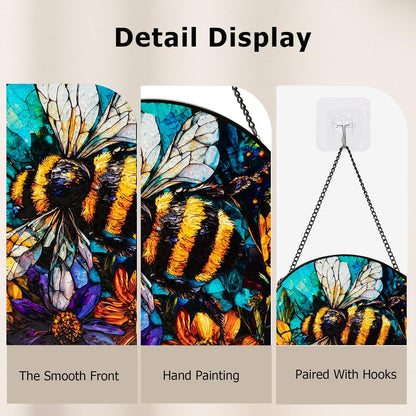 Stained Glass Window Hanging, Bee Yellow Flower Suncatcher for Doors Home Sun Catchers Decoration, Mother's Day Birthday Gifts for Women, Men, and Mom (8 Inch)