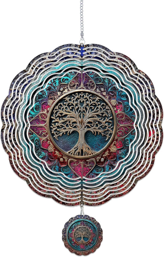 Wind Spinners Outdoor, Retro Boho Tree of Life 3D Stainless Steel Wind Sculpture Spinner for Garden Outside Hanging Decor Mother's Day Christmas Birthday Gifts for Women Men Mom Nana 9.8 in