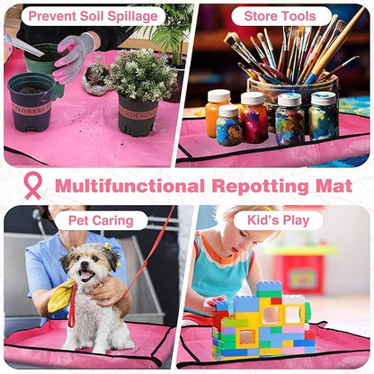 WORKPRO 5PCS Garden Tool Set, Powder Coating Compact Aluminum Gardening Tool Set with Repotting Mat, Outdoor Garden Hand Tools, Ideal Gardening Gift, Pink Ribbon