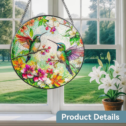 Suncatcher Stained Glass Window Hanging - Hummingbird Glass Panel with Metal Chain and Hooks Handmade Sun Catcher Decoration for Window Garden Home Christmas & Birthday Gifts (8 Inch)
