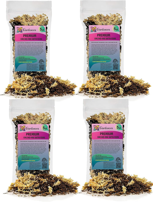 Gardenera Premium Orchid Mix by GARDENERA - 20 Quart - Fern + New Zealand Pine Bark + Sphagnum Moss + Perlite | Best for Growing and Repotting Orchids (4 Bags of 5 QT)