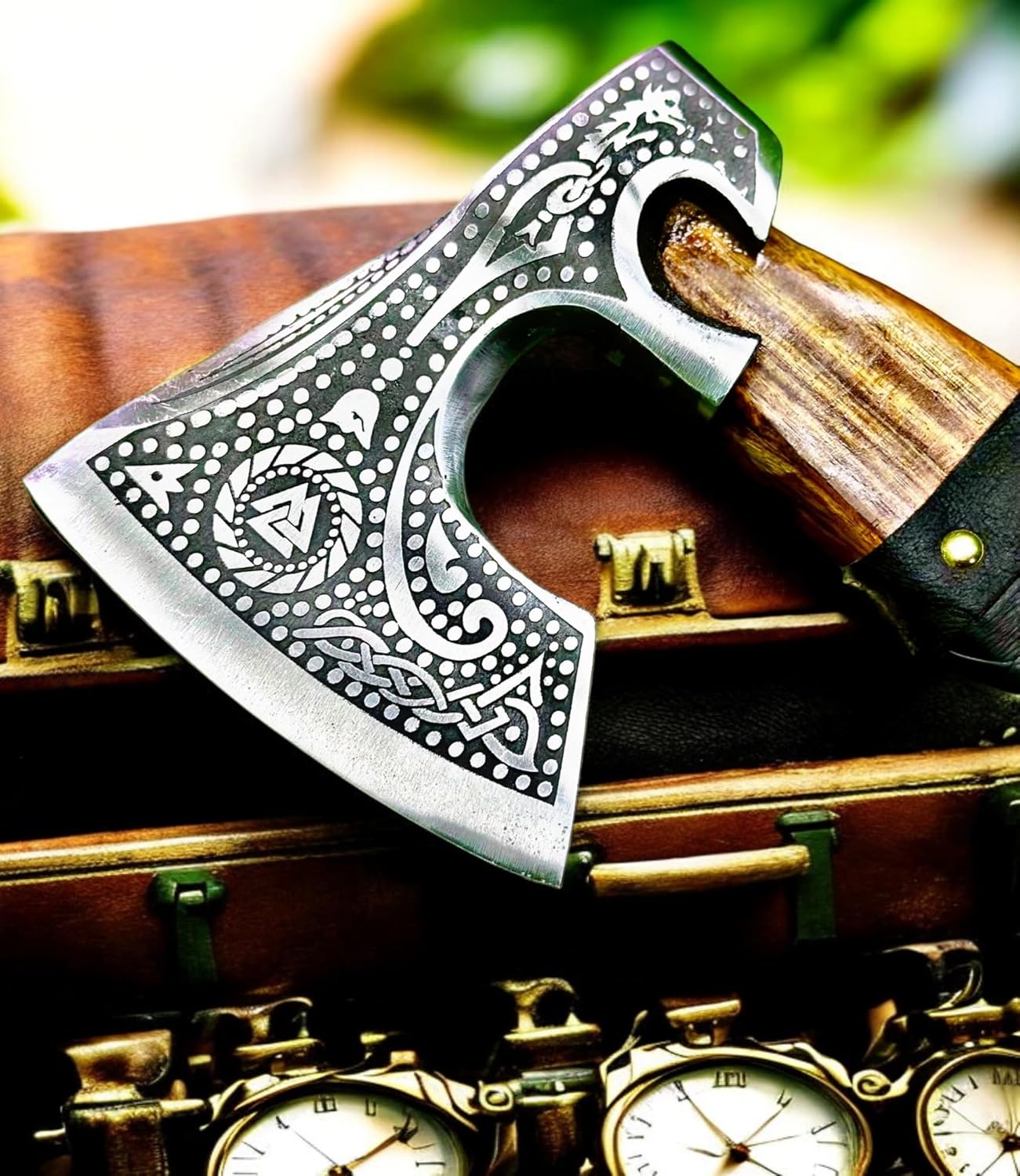 AX-7000 Custom Gift Forged Carbon Steel Viking Axe with Rose Wood Shaft, Viking Bearded Camping Axe (AX-7000) (AX-7091)