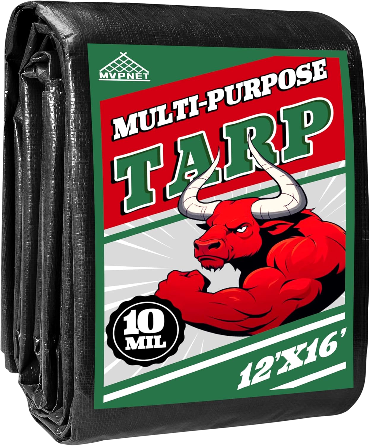 Tarp 12x16 ft Heavy Duty 100% Waterproof 10mil,UV Resistant,Durable Grommets and Reinforced Edges Green/Black Tarp for Camping, Swimming Pools,Car Coverage -by MVPNET