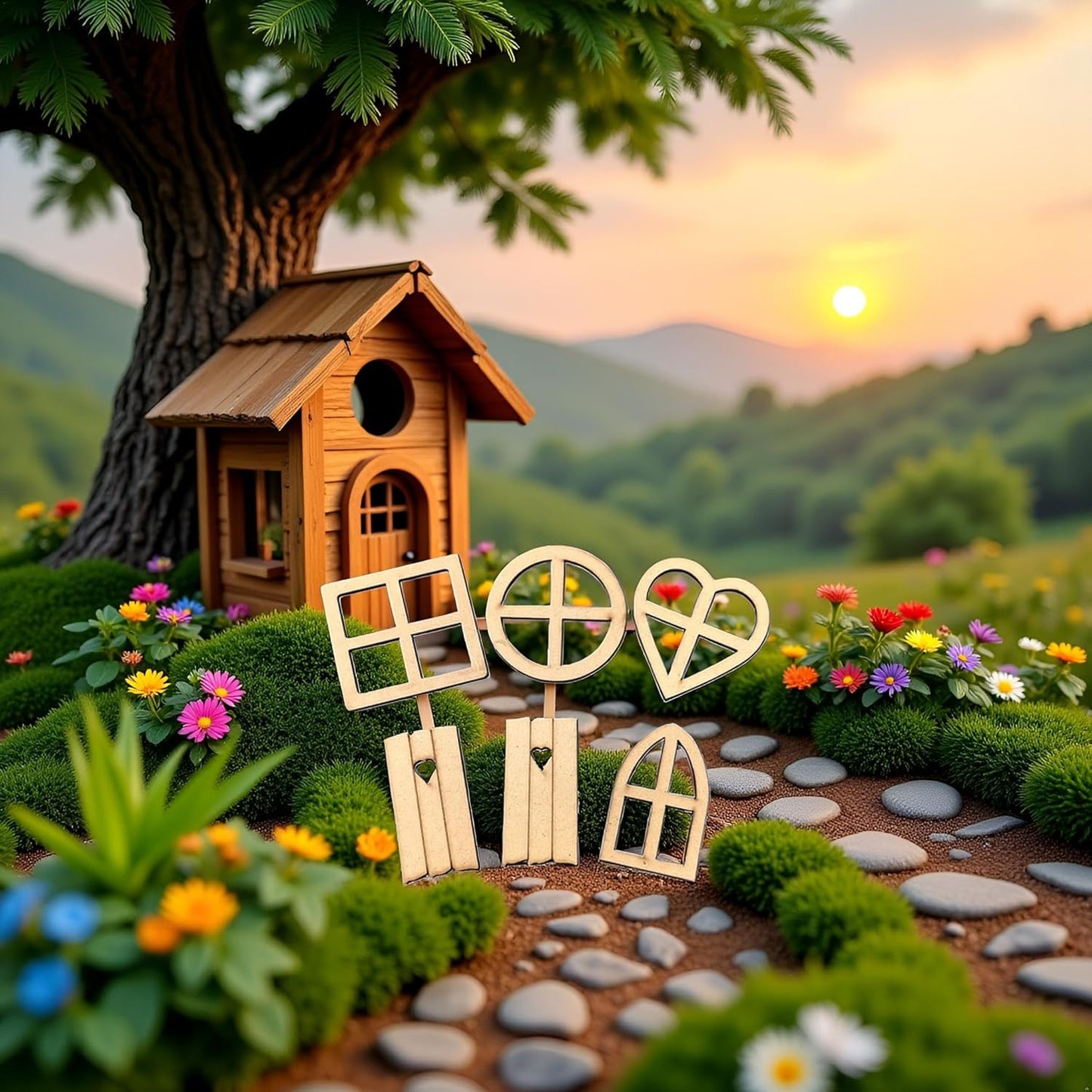 12Pcs Brown Wooden Fairy Garden Door,Blank Doors Fairy House Door and Windows Ornaments Tree Statues for Tree Trunk Yard Decoration Miniature Garden Buildings and Structures
