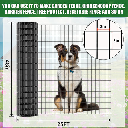 48 in x 25 ft Welded Wire Mesh Fence, 2 in × 3 in 15GA Black PVC Coated Garden Fencing Roll, Dog Barrier for Vegetable Yard, Poultry Netting,Heavy-Duty Border Fencing