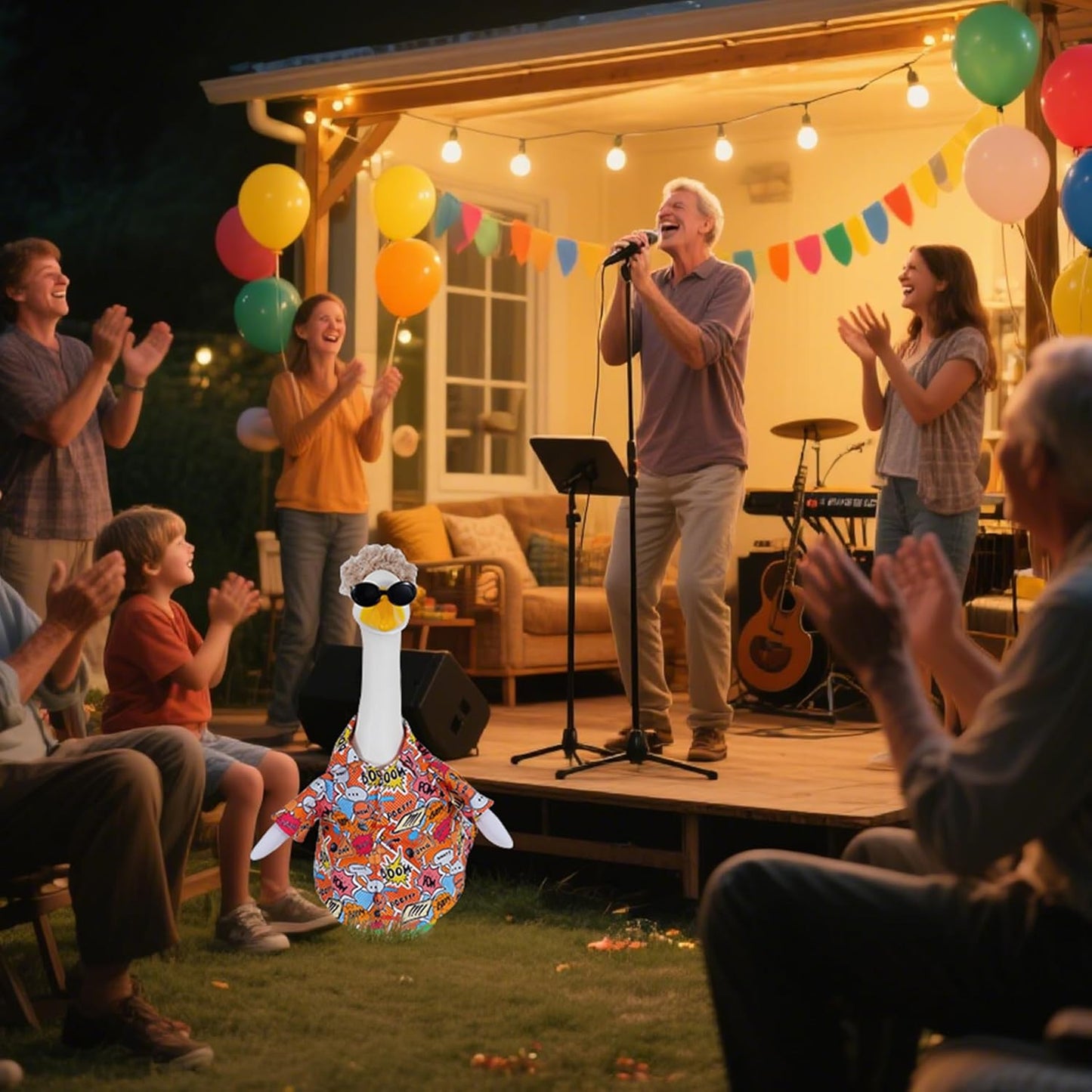 JIAYAN Porch Goose Outfits Outdoor Decoration: 3Pcs Funny Hip Pop Costume with Wigs Sunglasses Set 23"/ 17" Lawn Goose Statue Clothes for Theme Party Garden Patio Yard
