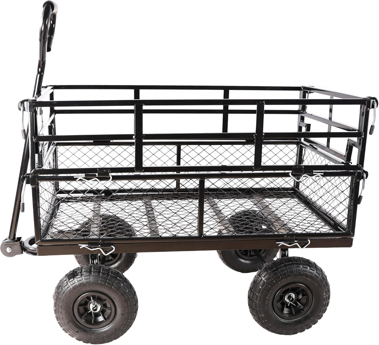 Heavy Duty Garden Wagon with Foldable Sides, Pneumatic Tires, Adjustable Handle (Black Double Layer)