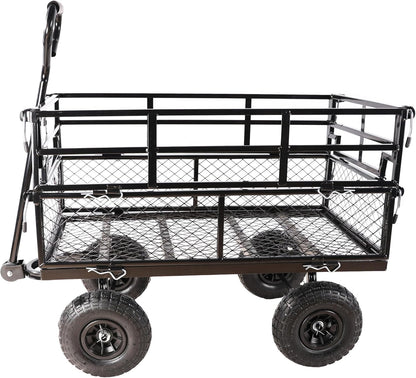 Heavy Duty Garden Wagon with Foldable Sides, Pneumatic Tires, Adjustable Handle (Black Double Layer)