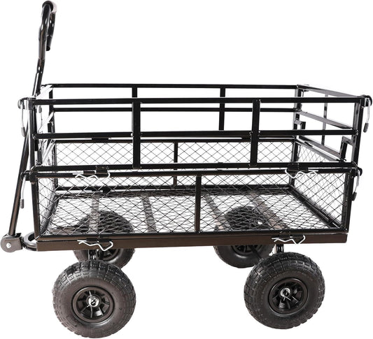 Heavy Duty Garden Wagon with Foldable Sides, Pneumatic Tires, Adjustable Handle (Black Double Layer)