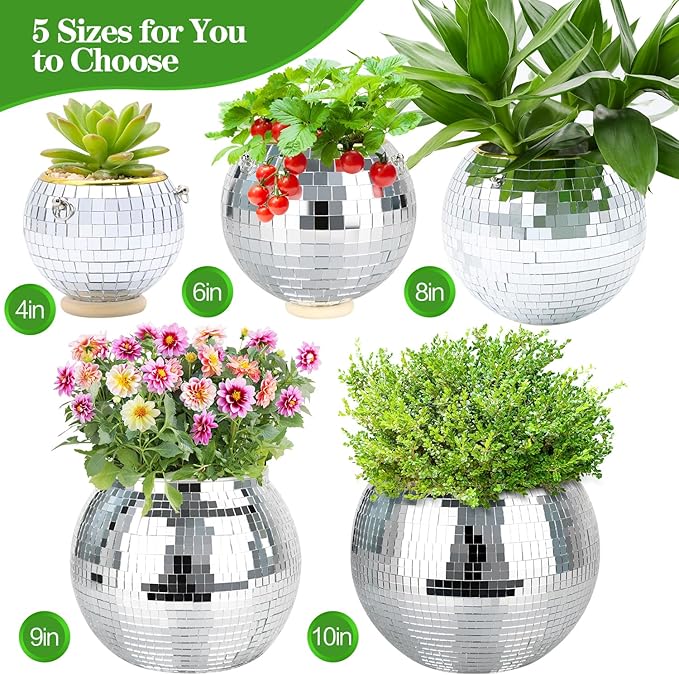 Disco Ball Planter, 8"+2×4" Planter, Silver Planter, Disco Ball Plant Hanger with Hanging Rope, Hanging Chain, Hook, Circle and Extra Mirror Pieces (8"+2×4" Silver)