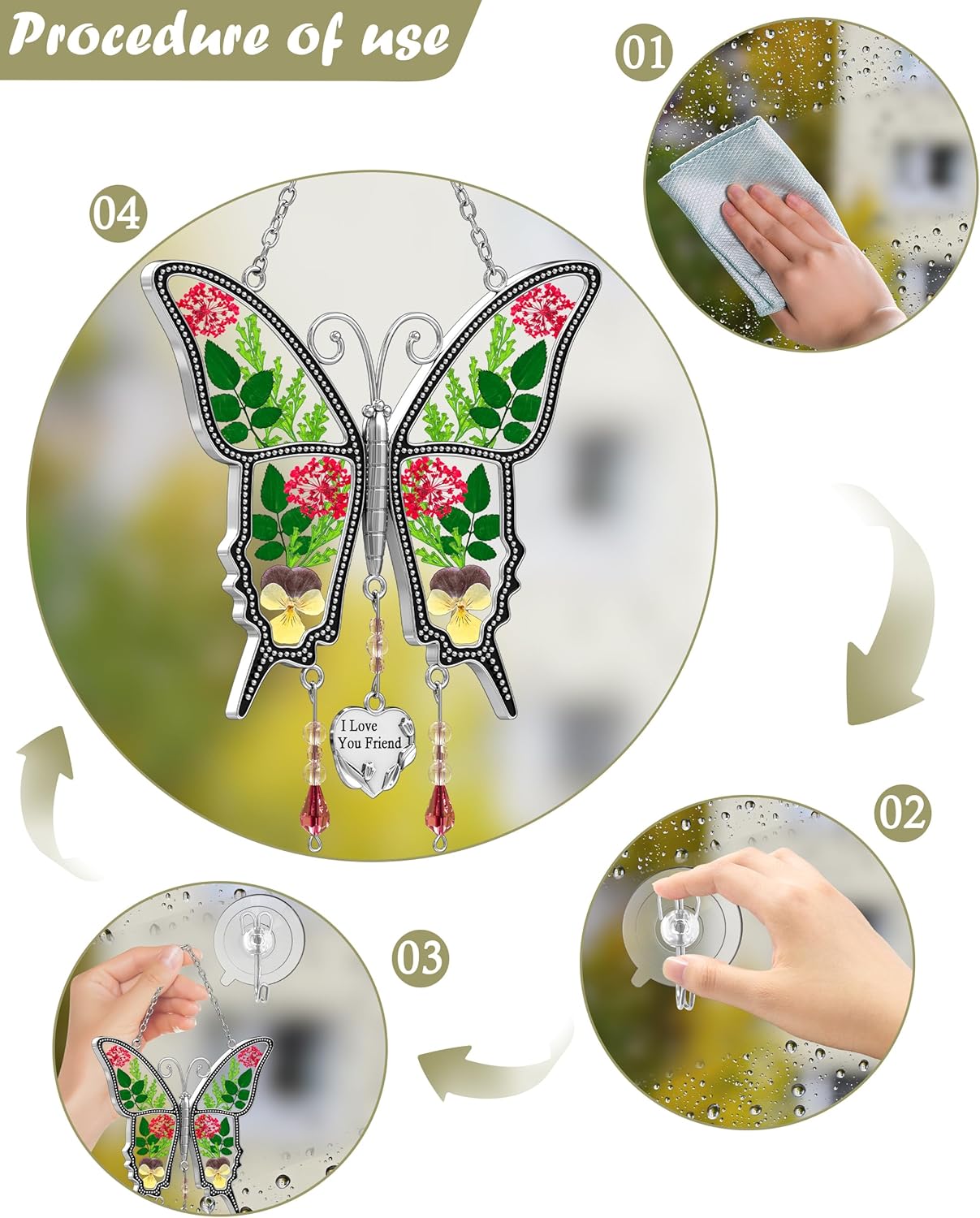 KY&BOSAM Gifts for Women I Love You Friend Butterfly Suncatcher with Pressed Real Flower Stained Glass Suncatchers for Window Hanging Wind Chime Decor Brithday Gift for Friend Mothers Day