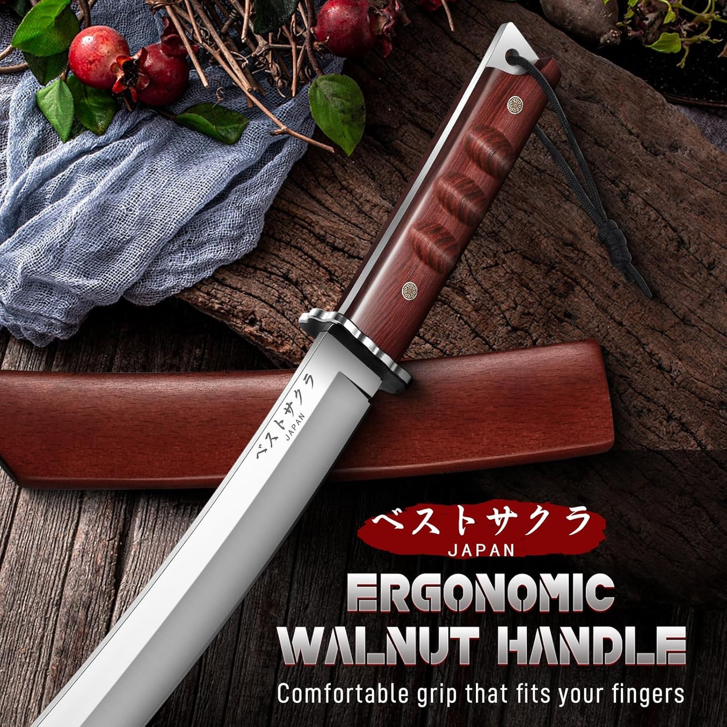 Japanese Fixed Blade Knife - Tanto Knives with Wooden Sheath - Survival Knives with Full Tang Handle - Bushcraft knives for Camping Outdoor, Gifts for Men