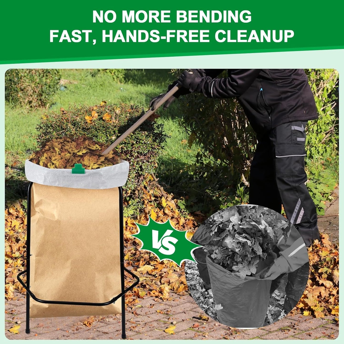 Aobiono Trash Leaf Bag Holder Stand, Garbage Bag Support Frame for 30-55 Gallon Lawn Bags, for Yard Kitchen Garden Outdoor Camping Waste, with Reusable Bag Clips, Heavy Duty (Black)