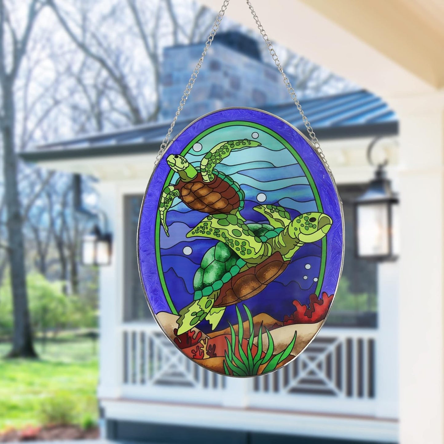 Hanging Ornament, Sea Turtle Stained Glass Window Hangings Suncatcher, 10 inches, Multicolored Ocean Themed Decor for Home, Garden, Indoor Outdoor Use