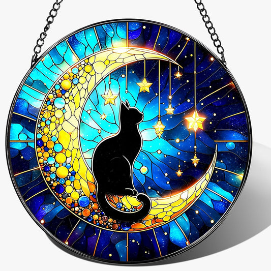 8 Inch Stained Glass Suncatcher Ornament, DOUHASU Black Cat Sun Catchers Indoor Window, Stained