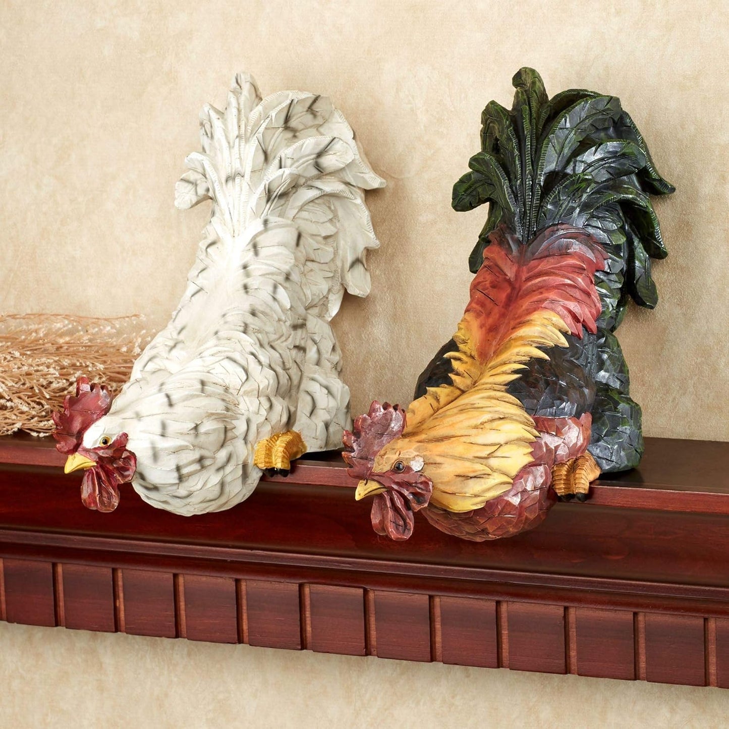 Touch of Class Content Rooster Shelf Sitter Set of Two - Resin - Green, Orange, Yellow, White, Black - Decorative Chanticleer Sculptures for Kitchen, Dining Room, Sideboard