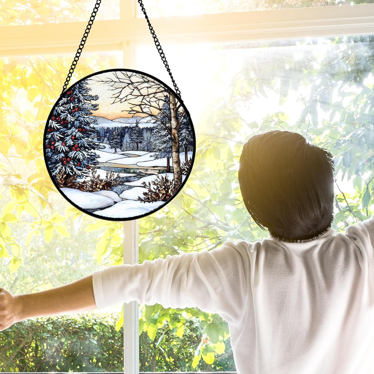 Stained Glass Window Hanging, Winter Snow Landscape Suncatcher Diamond Glass Panel Sun Catchers Decor for Birthday for Women, Men, Wife, Aunt, and Mom 7.8 in