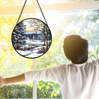 Stained Glass Window Hanging, Winter Snow Landscape Suncatcher Diamond Glass Panel Sun Catchers Decor for Birthday for Women, Men, Wife, Aunt, and Mom 7.8 in