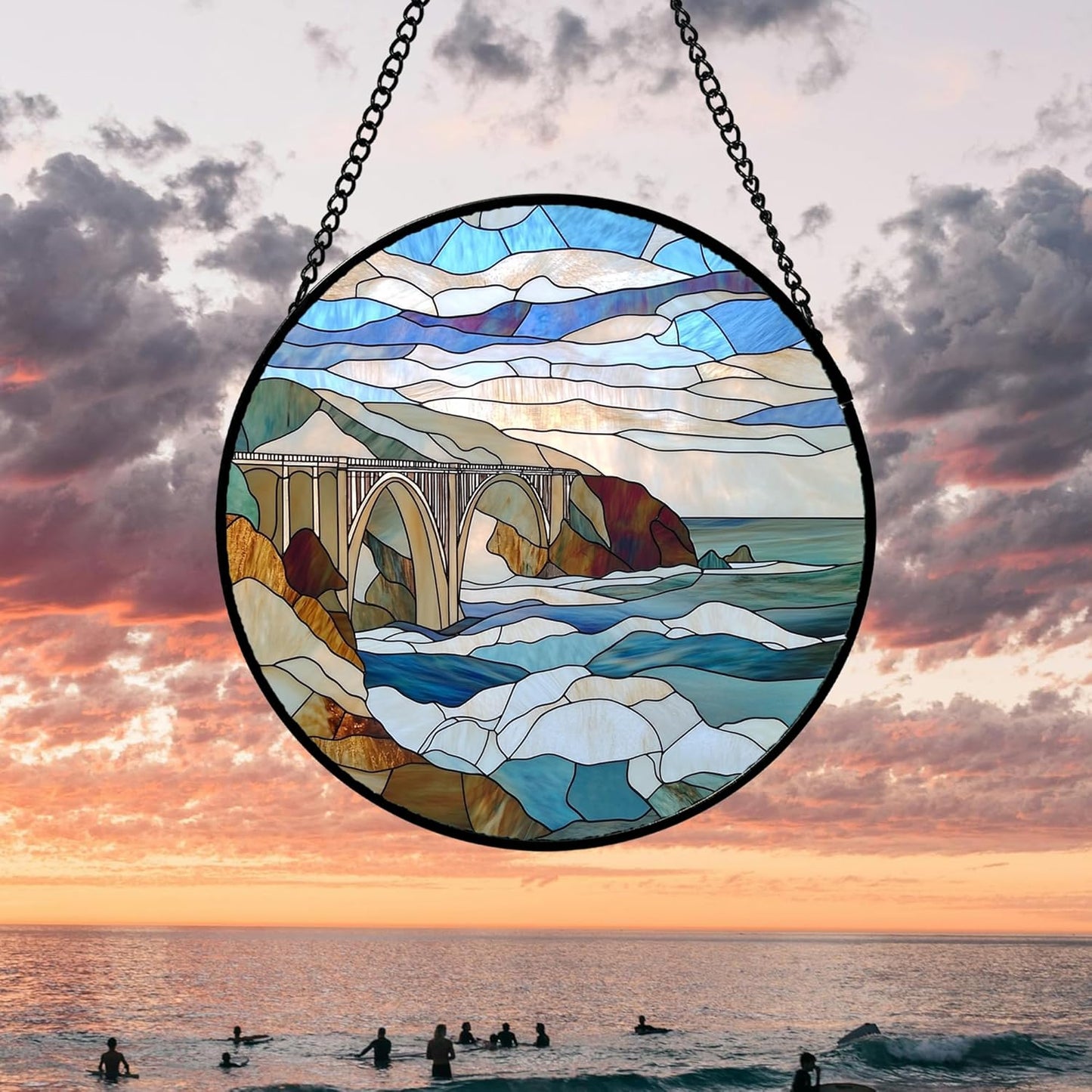Stained Glass Window Hanging 4 Pcs Set Ocean Waves 6.3" - Blue and White Sea Suncatcher Door Garden Sun Catcher Decor Birthday Christmas for Mom Woman Nana Men
