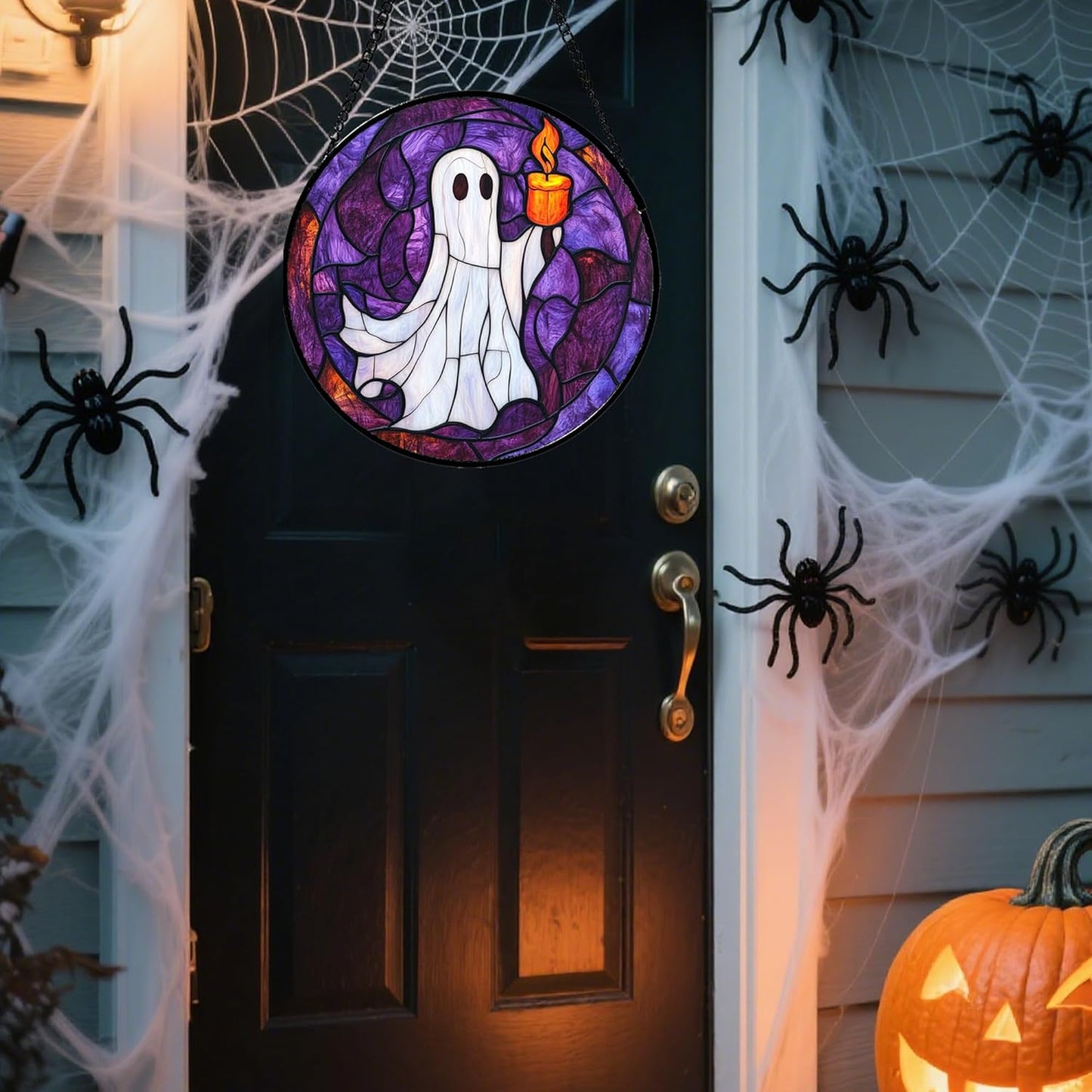 Stained Glass Window Hanging - Halloween Decorations Ghost Suncatcher for Doors Garden Indoor Spooky Funny Purple Sun Catchers Gothic Decor Horror Gifts for Women Men Friend 15 in