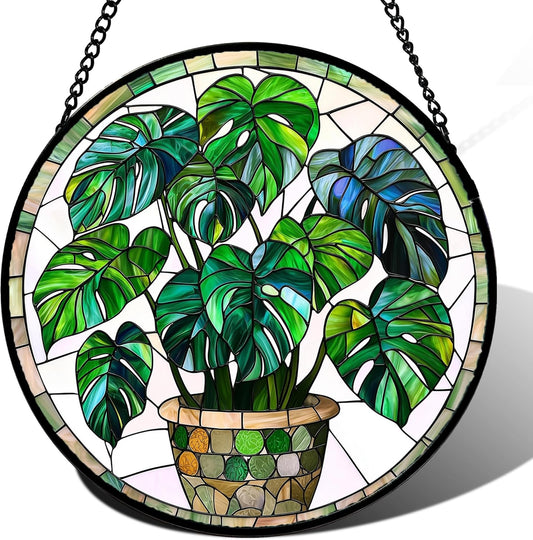 Stained Glass Window Hanging, Green Plant Monstera t Suncatcher Diamond Colorful Glass Panel Sun